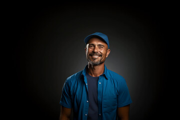 Obraz premium truck driver smiling in cap and blue shirt