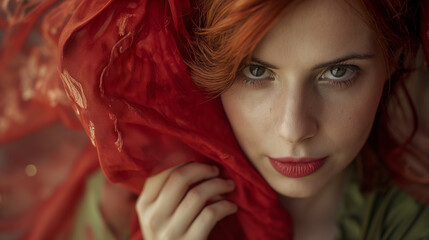 Mulher ruiva com olhar sedutor segurando uma roupa vermelha - obrazy, fototapety, plakaty