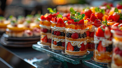Pastries, mini canapé desserts, delicious desserts, unusual mini desserts for special occasions. Restaurant and homemade food. With berries and nuts.