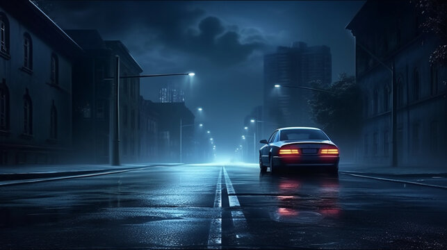 Midnight Escape: Car Speeding Away on Wet, Hazy Asphalt - A Scene of Intrigue