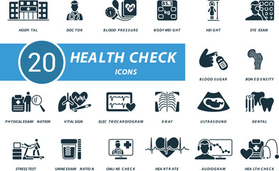 Health check icons set. Creative icons: hospital, doctor, blood pressure, body weight, height, eye exam, blood sugar, bone density and more
