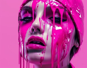 woman with magenta paint on her face. Generative AI