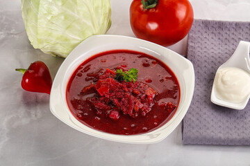 Borsch soup with cabbage and beetroot