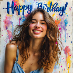Close-up of a person with a joyful expression and a "happy birthday!" card isolated on white background, cinematic, png
