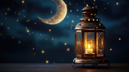 Islamic lantern with burning candle and night sky with waning crecent moon