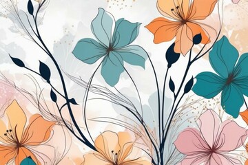 Elegant hand drawn flowers and twigs on an abstract colored pastel background.
