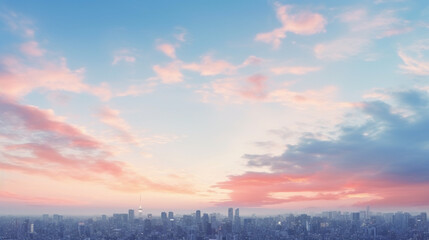 City of Dreams: Wide Format Illustration of Tokyo-like Sky at Late Dusk, a Heavenly Sunset Over the Urban Horizon - obrazy, fototapety, plakaty
