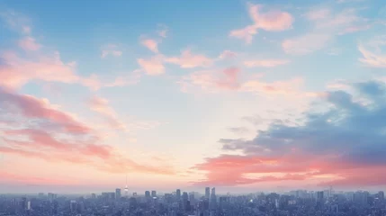 Fotobehang City of Dreams: Wide Format Illustration of Tokyo-like Sky at Late Dusk, a Heavenly Sunset Over the Urban Horizon © Maximilien