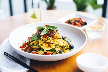 zoodles with sundried tomatoes and olives - obrazy, fototapety, plakaty