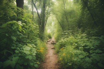 a path lined with green shrubs in a dense forest setting