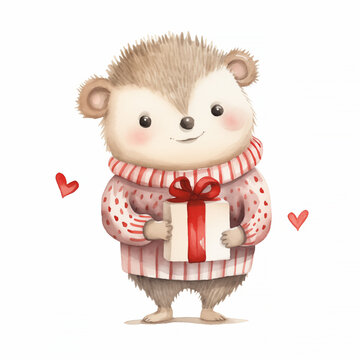 A watercolor image of a hedgehog clutching a gift with hearts in the background, fitting for children's book illustrations, Valentine's Day merchandise, or animal-themed stationery. High quality photo