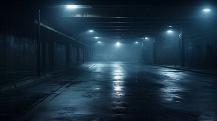 Urban Noir: Midnight Secrets Unfold in the Wet Basement Parking - obrazy, fototapety, plakaty