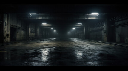 Urban Noir: Midnight Secrets Unfold in the Wet Basement Parking - obrazy, fototapety, plakaty