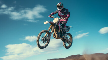 Obraz na płótnie Canvas Dirt Trail Daredevil: Off-Road Moto Jump in Wide-Format Thrill