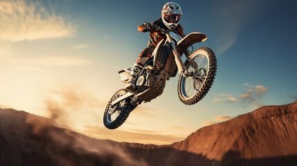 Fototapeta premium Airborne Adrenaline: Motorcycle Stunt Soaring Across Canyon Skies