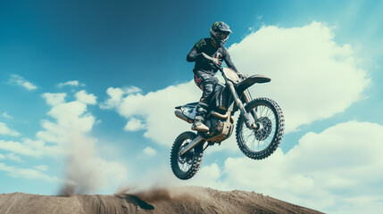 Fototapeta na wymiar Airborne Adrenaline: Motorcycle Stunt Soaring Across Canyon Skies