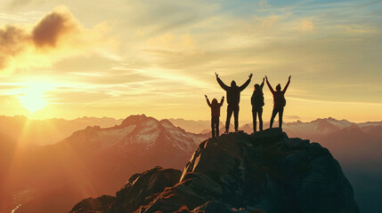 silhouette of family at the mountain with sunrise