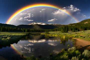 Naklejka premium Rainbow over a lake in Yellowstone National Park, Wyoming, USA