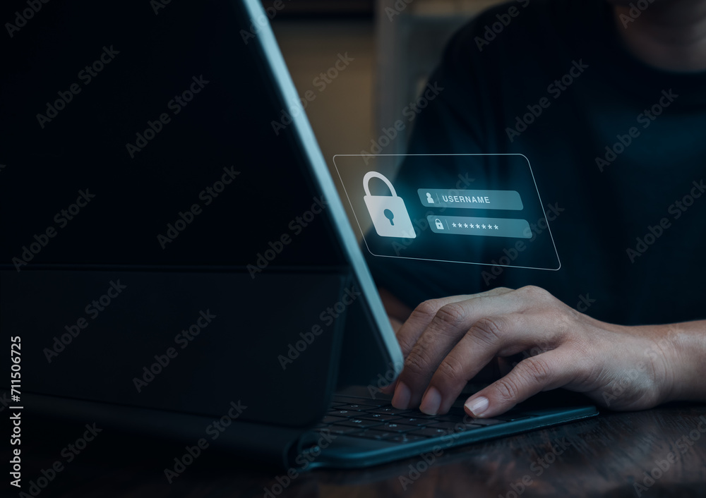 Poster cyber security concept. sign in page on virtual screen while business person working with on digital