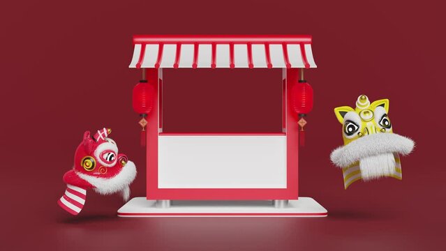 3d chinese style booth shop, empty retail store front, roof awning with two lion dance head, chinese gold ingot, coin. 3d render illustration, alpha channel