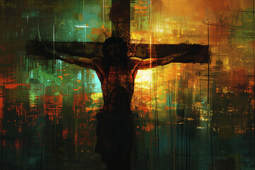abstract silhouette of jesus christ on cross with dark colors - obrazy, fototapety, plakaty