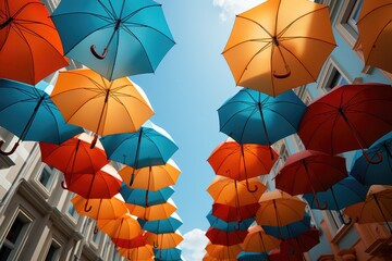 Fototapeta na wymiar A colorful group of umbrellas soar through the sky, adding a playful touch to the urban landscape and transforming a mundane street into a whimsical outdoor accessory
