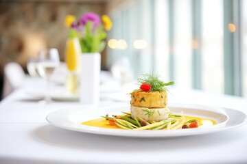 elegant restaurant serving of crab cakes with asparagus