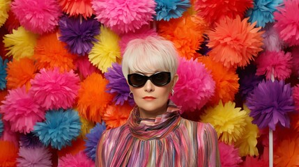 Happy blonde woman wearing sunglasses surrounded by colorful flowers on solid background