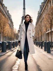 Fotobehang Model woman in a city posing in white coat with Eiffel Tower in the background  © Aniruddha