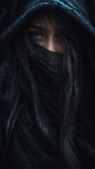 portrait of a woman in a hood, covered face in black