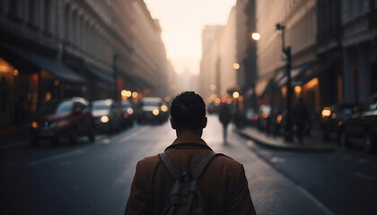 Back view of a man walking on street in New York City. blurred background