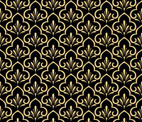 Fototapeta premium Flower geometric pattern. Seamless vector background. Gold and black ornament. Ornament for fabric, wallpaper, packaging. Decorative print