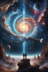 An intergalactic traveler couple looking into the event horizon in an alien planet where galaxies are colliding  - obrazy, fototapety, plakaty