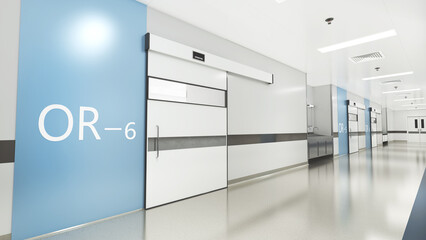 Esthetic and clean modern hospital surgery block corridor, private clinic or vet operating room with sliding doors.