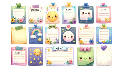 watercolor memo list items with cute faces and floral designs, perfect for organization and scrapbooking themes. - obrazy, fototapety, plakaty