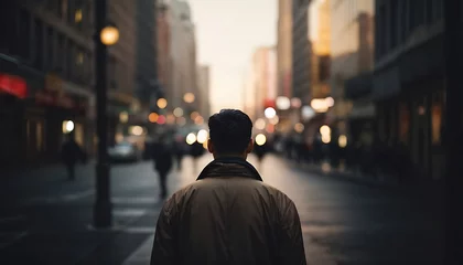  Back view of a man walking on street in New York City. blurred background © UN