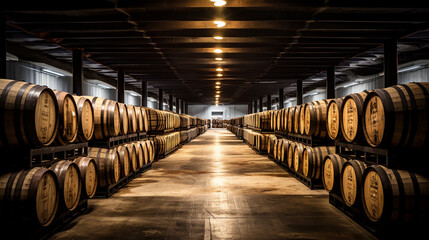 Aging Elegance: Wooden Casks of Fine Spirits in a Distillery Sanctuary