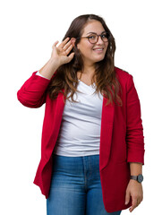 Beautiful plus size young business woman wearing elegant jacket and glasses over isolated background smiling with hand over ear listening an hearing to rumor or gossip. Deafness concept.