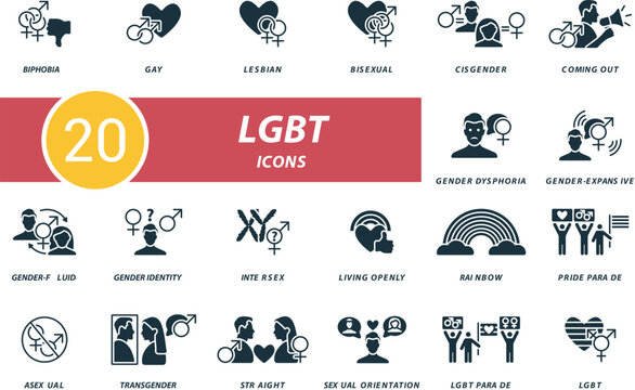 LGBT plus icons set. Creative icons: biphobia, gay, lesbian, bisexual, cisgender, coming out, gender dysphoria, gender-expansive, gender-fluid and more