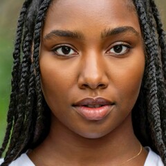 Extreme close up of young african-american woman with braided hair focus on plump natural ethnic lips and face