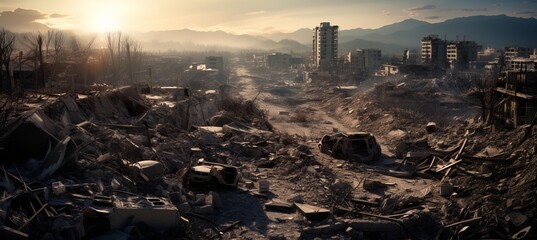 Devastating earthquake destruction  city in ruins, collapsed buildings, and emergency response
