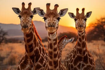 As the warm sun rises over the vast desert, a majestic group of giraffes stand tall in the open field, their graceful bodies blending seamlessly with the stunning sky above