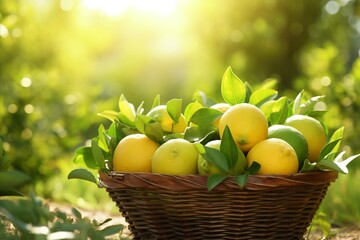 Organic ripe lemons in basket. vibrant citrus harvest against sunlit garden backdrop