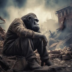 Sad homeless gorilla dreaming about home.
