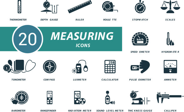 Measuring icons set. Creative icons: thermometer, depth gauge, ruler, roulette, stopwatch, scales, speedometer, hygrometer and more