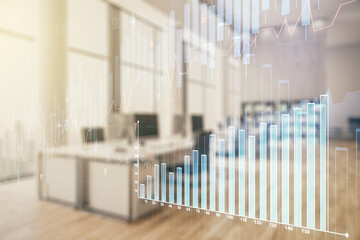 Abstract virtual financial graph hologram on a modern furnished classroom background, financial and...