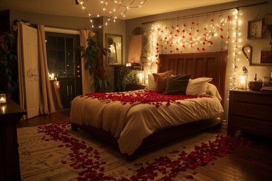 Rosenblätter auf dem Bett im Schlafzimmer verstreut. Romantischer Abend wird vorbereitet.