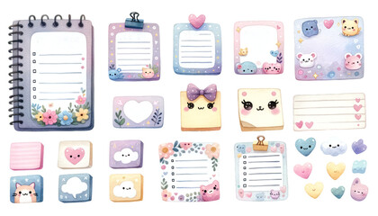 watercolor memo list items with cute faces and floral designs, perfect for organization and scrapbooking themes.