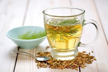 fennel seeds and fennel tea in clear mug, wooden background