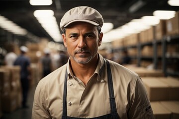 portrait of a male factory worker wearing a cap and white dress - obrazy, fototapety, plakaty